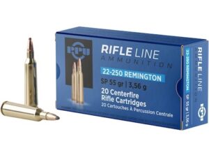 PPU 22-250 Remington Ammo 55 Grain Jacketed Soft Point Box of 20